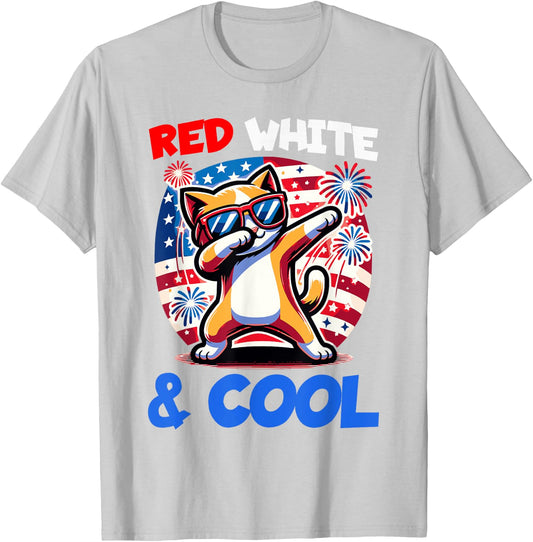 4th of July Red White & Cool Dabbing Kitty Cat Funny Graphic T-Shirt - T-Shirt | Ash
