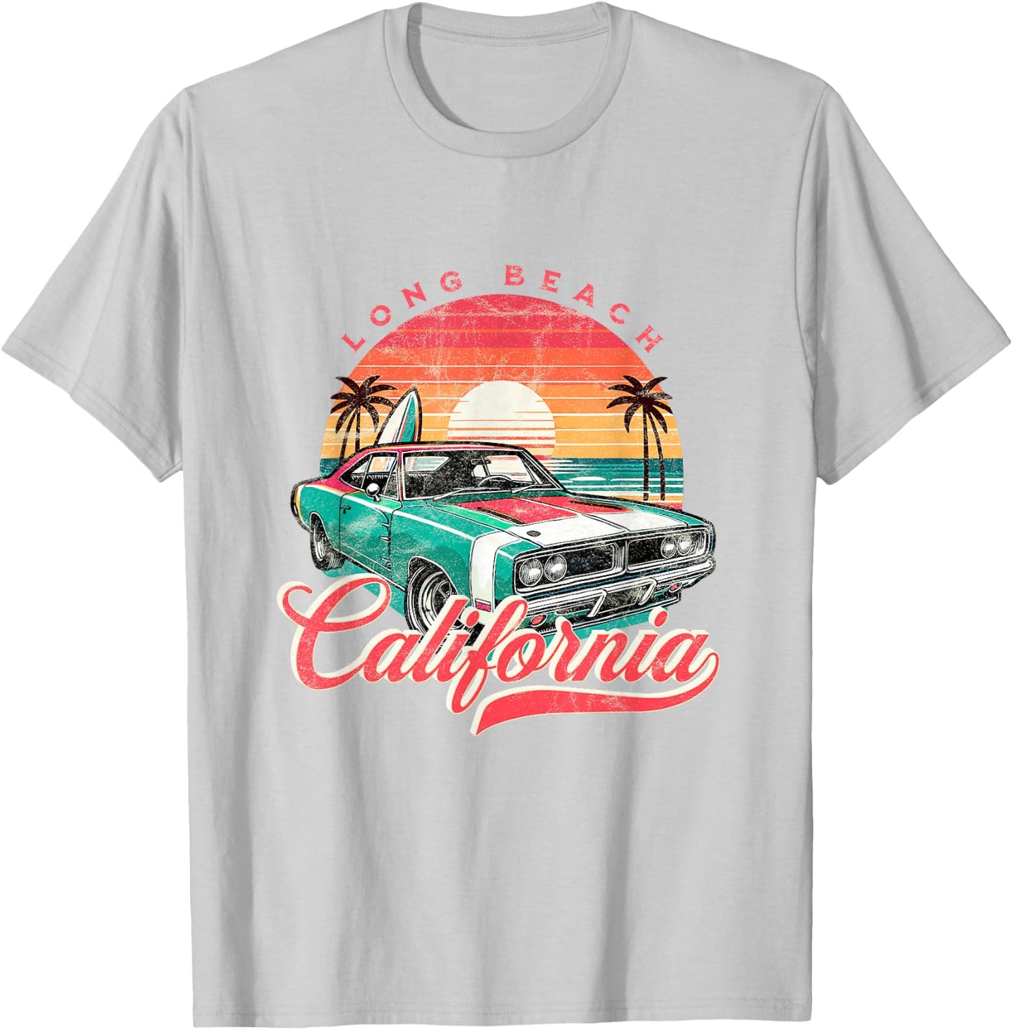 Classic Muscle Car Retro Long Beach California Surfer Sun T-Shirt - T-Shirt | Ash