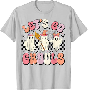 Let's Go Ghouls Halloween Ghost Outfit Costume Retro Groovy T-Shirt - T-Shirt | Ash