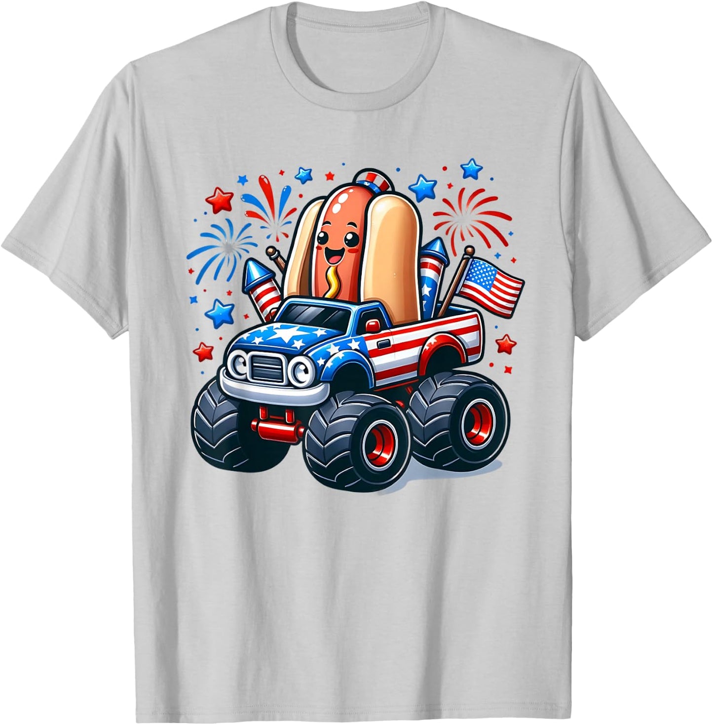 4th of July Shirts Boys Kids Hot Dog Red White Blue USA Flag T-Shirt - T-Shirt | Ash