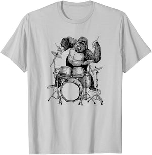 Gorilla Playing Drums Cool Monkey Funny Animal Rock Drummer T-Shirt - T-Shirt | Ash