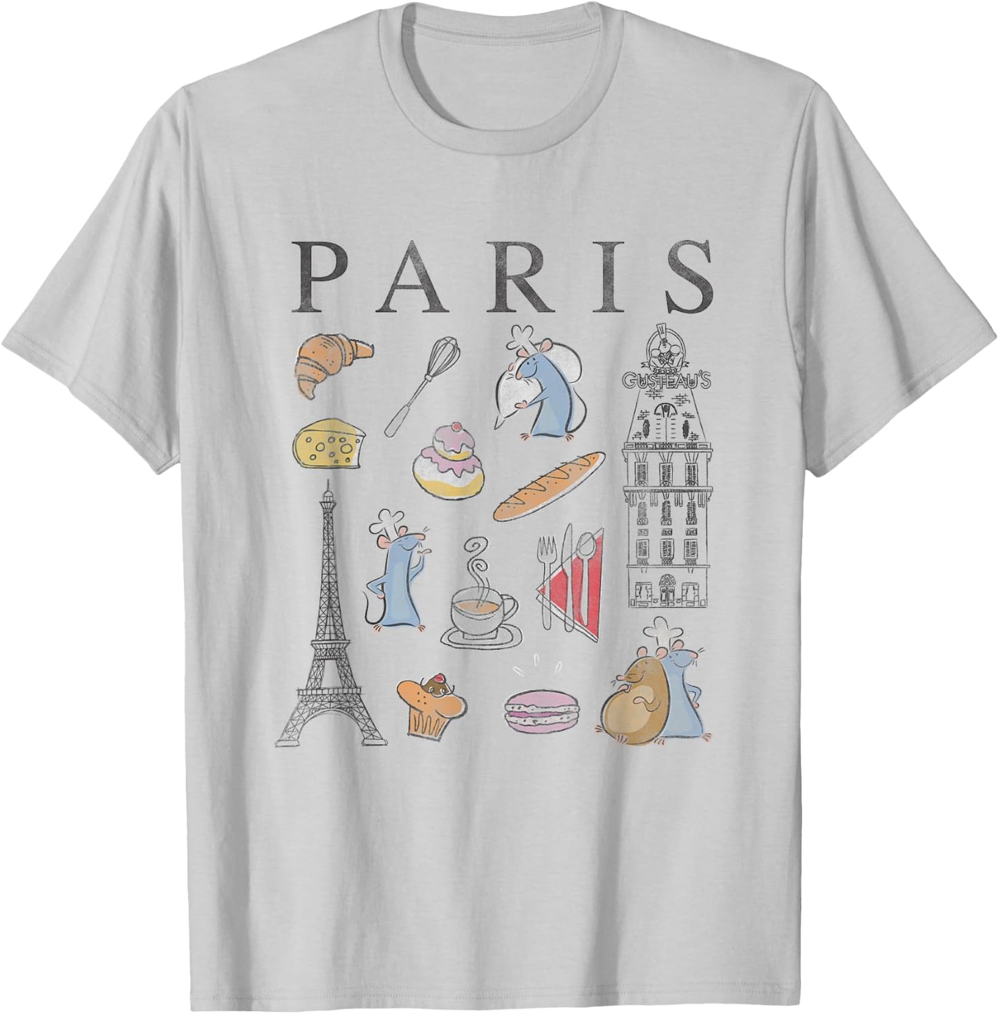 Disney Pixar Ratatouille Paris Food & Places Collage Retro T-Shirt - T-Shirt | Ash