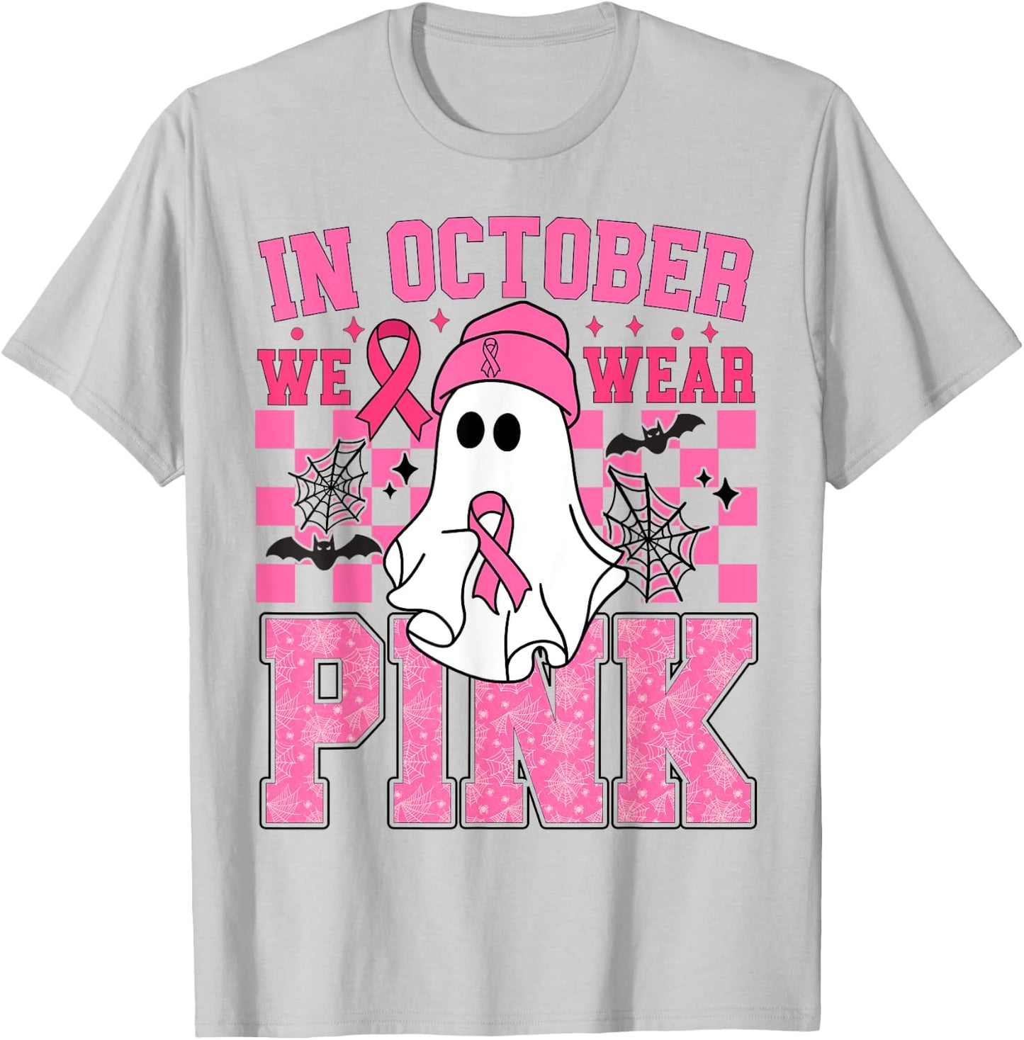 In October We Wear Pink Breast Cancer Awareness Halloween T-Shirt - T-Shirt | Ash