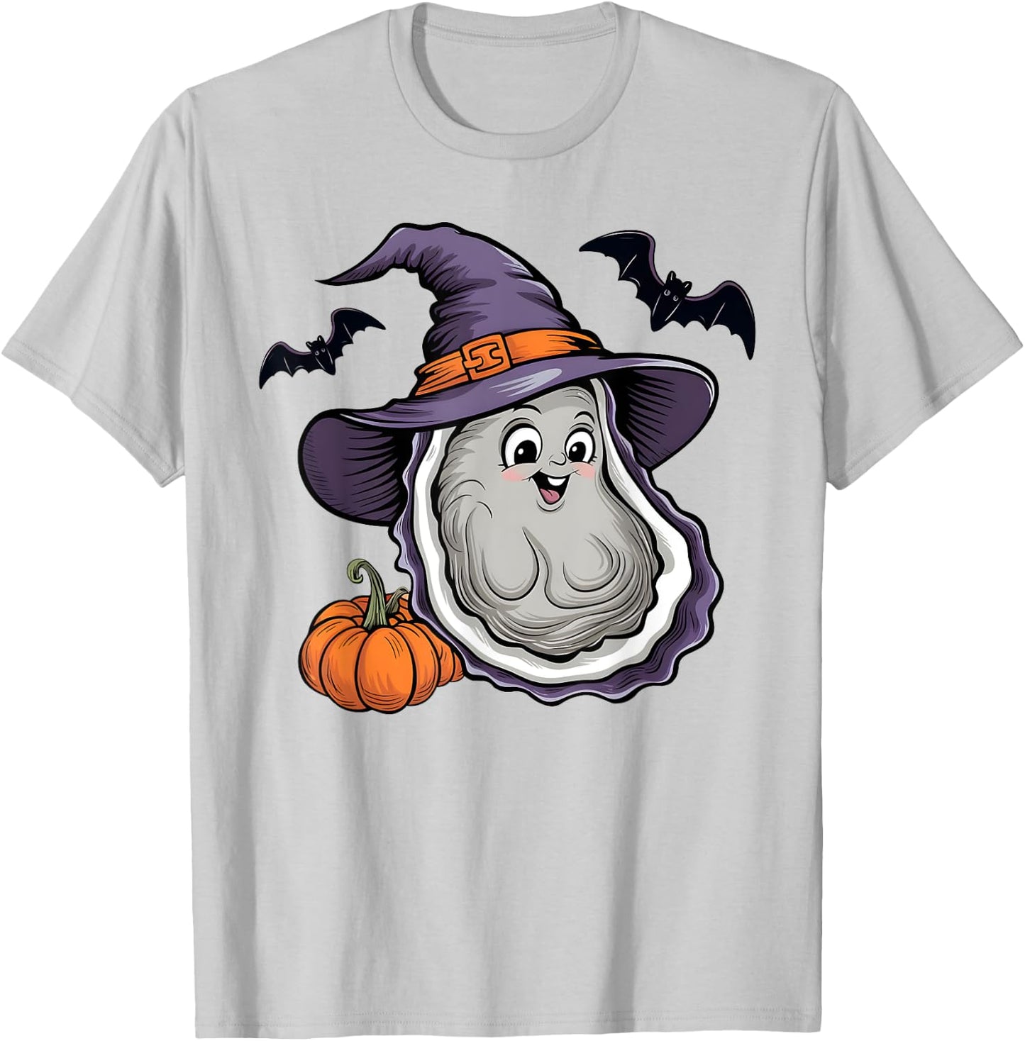 Oyster Scary Pumpkin Bat Funny Witch Hat Oyster Halloween T-Shirt - T-Shirt | Ash