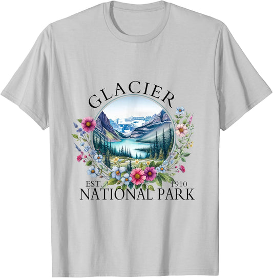 Retro Floral Glacier National Park Hiking Camping Outdoor T-Shirt - T-Shirt | Ash