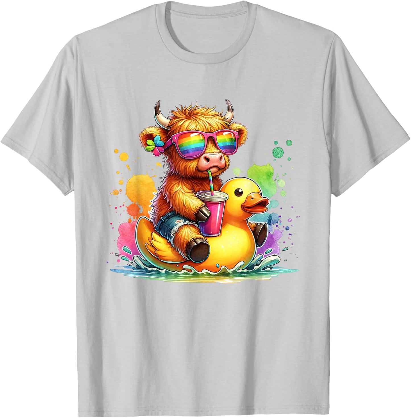 Cute Highland Cow Duck Pool Float Summer Vibes Swimming T-Shirt - T-Shirt | Ash