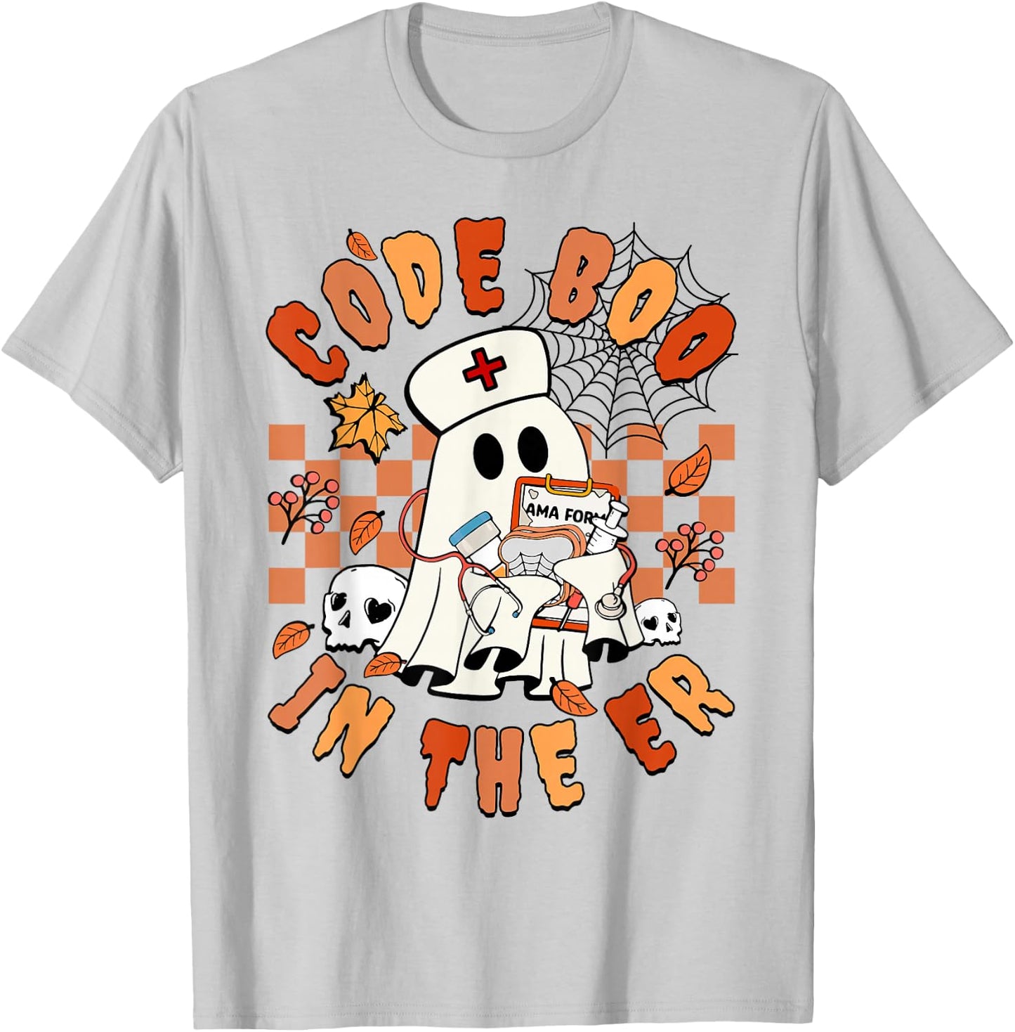 Retro Code Boo In The ER ICU Nurses Ghost Halloween Costume T-Shirt - T-Shirt | Ash
