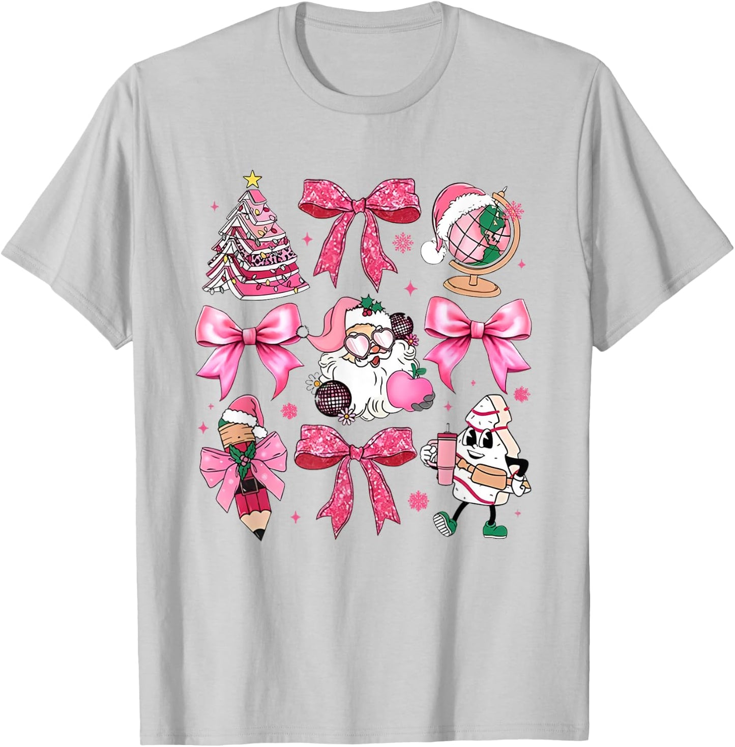 Women Pink Santa Teacher Christmas Coquette Bow Pencil Santa T-Shirt - T-Shirt | Ash