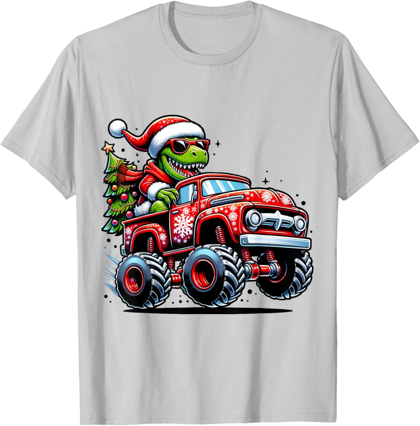 Christmas T Rex Monster Truck Boys Dinosaur Santa Xmas Funny T-Shirt - T-Shirt | Ash