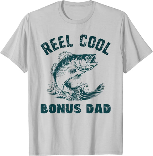 Reel Cool Bonus Dad Fishing Vintage Style Step-Dad StepDad T-Shirt - T-Shirt | Ash