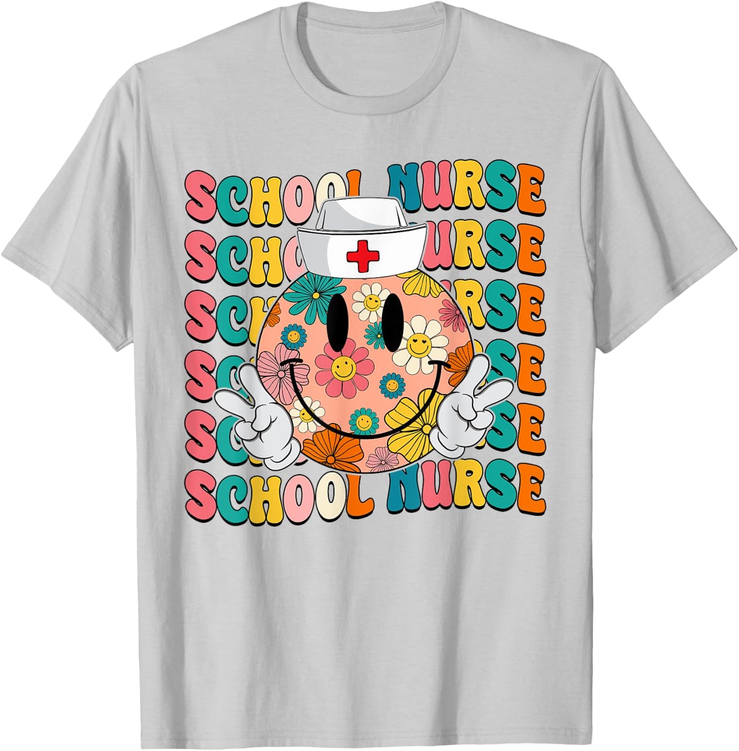 Retro Groovy School Nurse Smile Face Back To School Women T-Shirt - T-Shirt | Ash