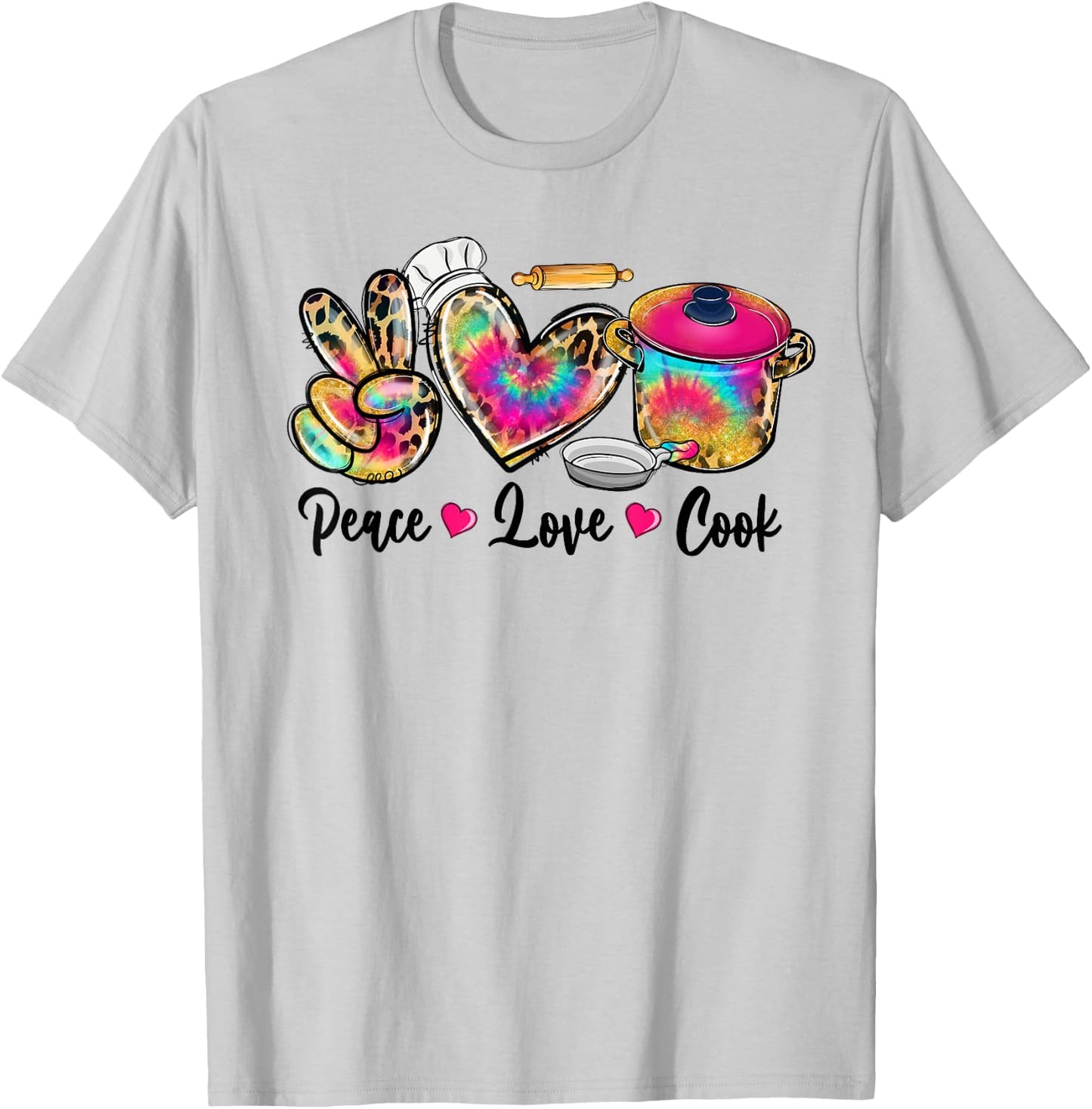 Peace Love Cooking Lunch Lady Life Tie Dye Leopard T-Shirt - T-Shirt | Ash