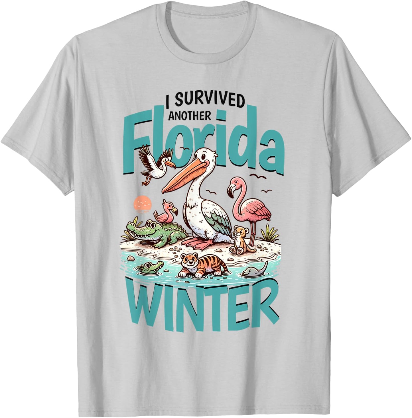 Florida Snowbirds Pelican Flamingo Alligator Manatee Graphic T-Shirt - T-Shirt | Ash