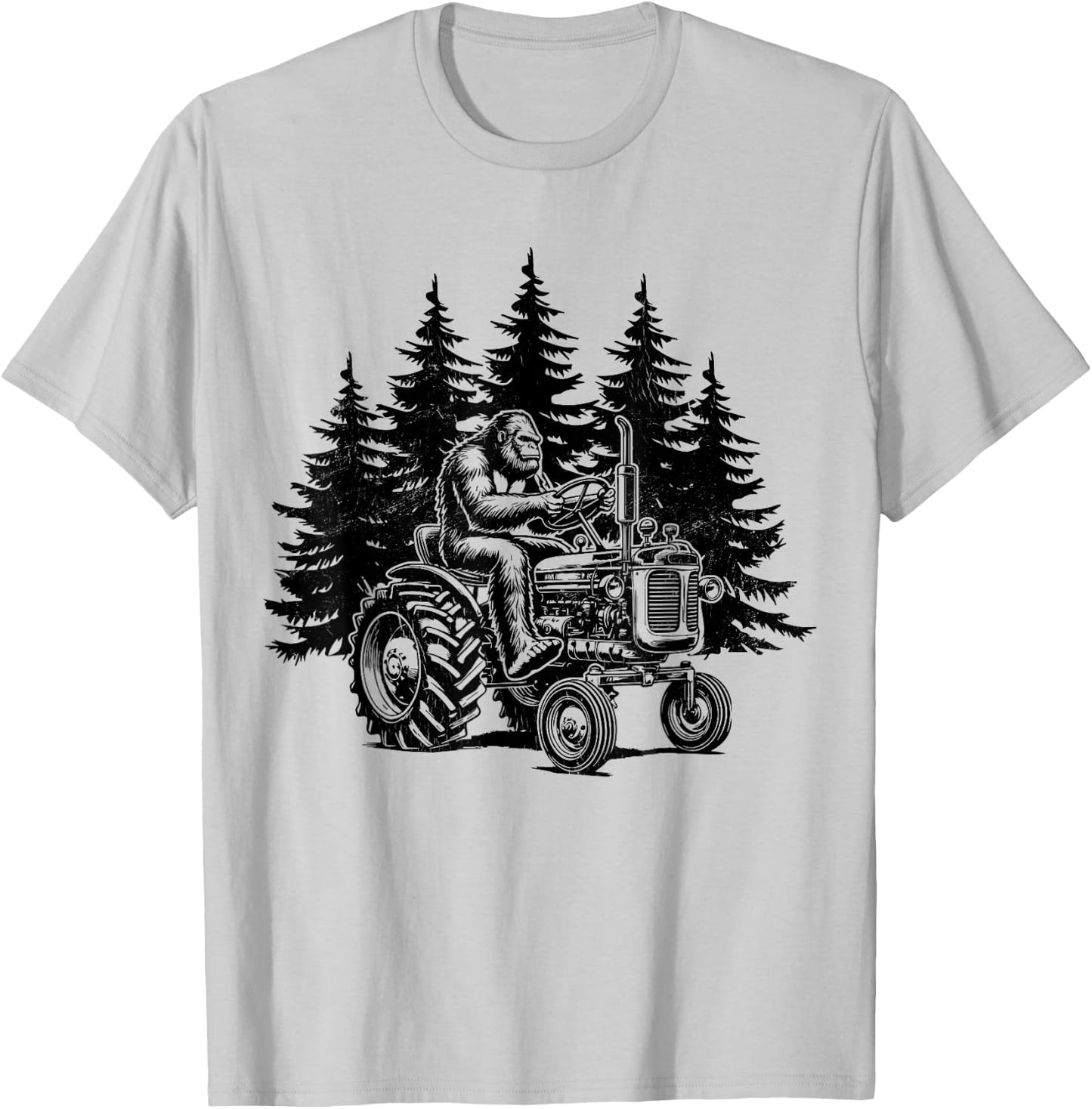 Retro Farmer Bigfoot Riding Tractor Funny Bigfoot Farming T-Shirt - T-Shirt | Ash