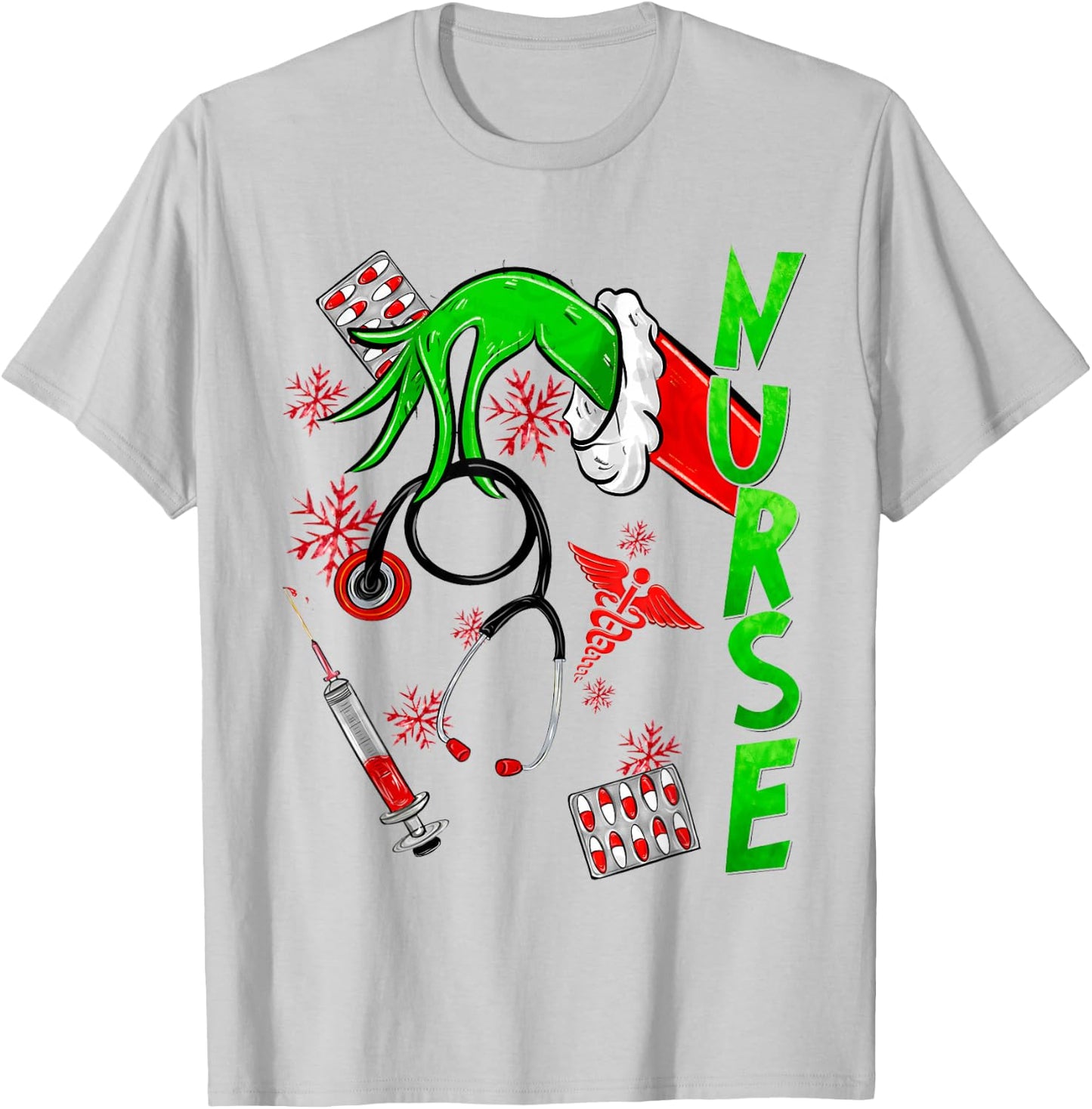 Funny Nurse Merry Christmas Stethoscope Nurses Xmas Pajamas T-Shirt - T-Shirt | Ash