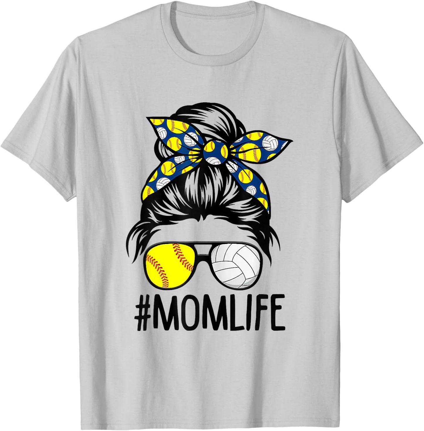Dy Mom Life Softball Volleyball Mothers Day Messy Bun T-Shirt - T-Shirt | Ash
