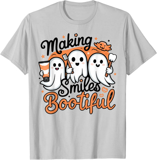 Making Smiles Bootiful Halloween Funny Ghost Dentist Dental T-Shirt - T-Shirt | Ash