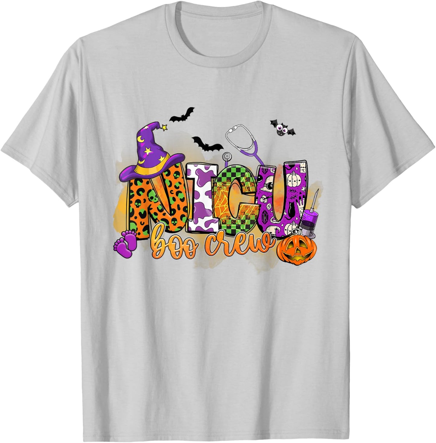 NICU Boo Crew Pumpkin Witch Hat Funny Halloween T-Shirt - T-Shirt | Ash