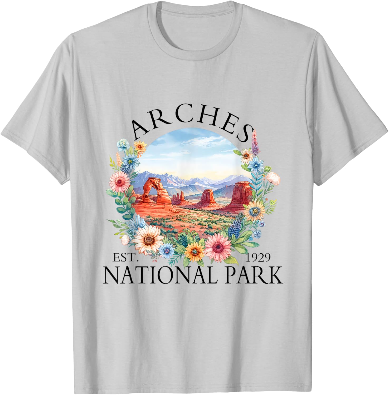 Retro Floral Arches National Park Hiking Camping Outdoor T-Shirt - T-Shirt | Ash