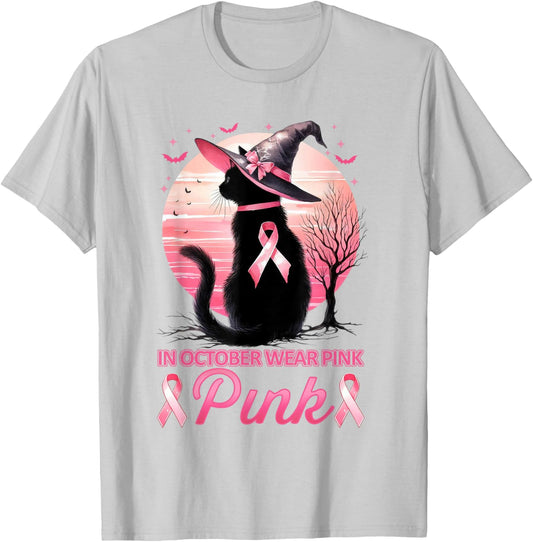 Cat In October We Wear Pink Ribbon Breast Cancer Awareness T-Shirt - T-Shirt | Ash