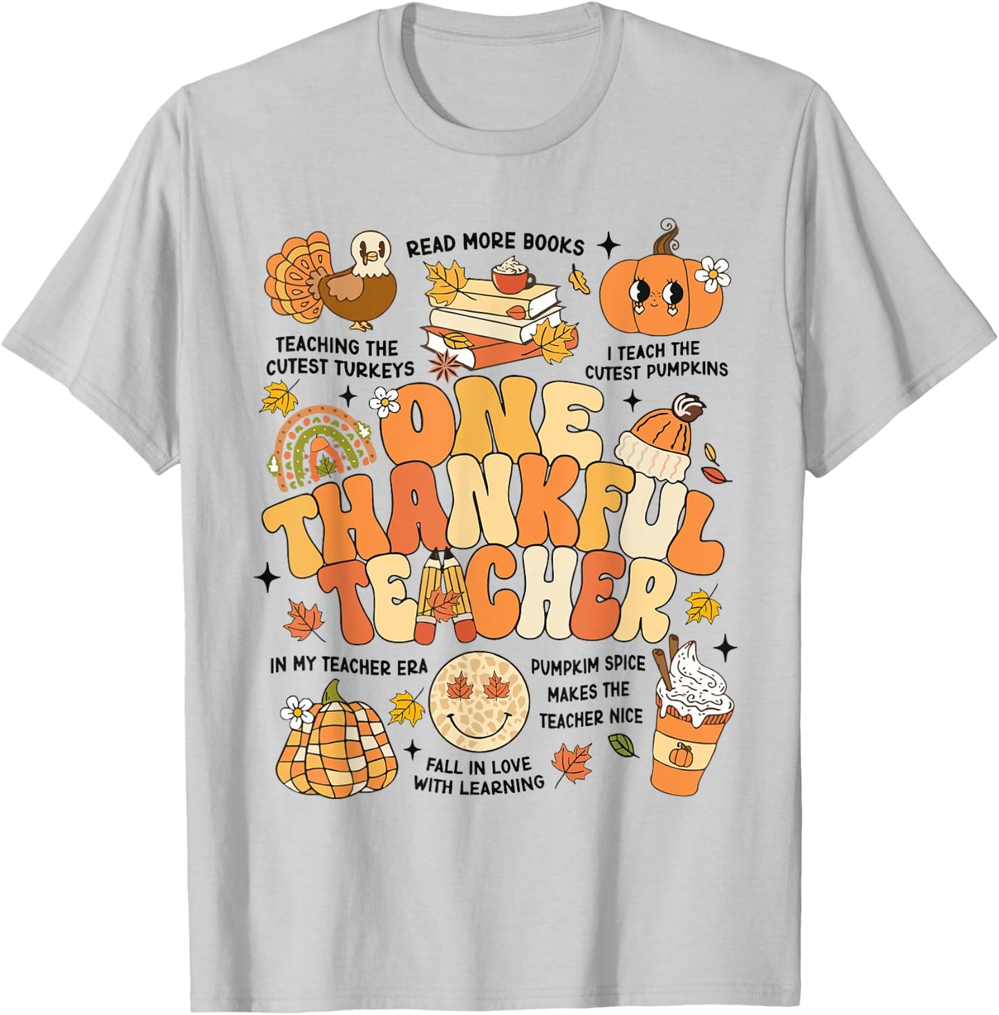 One Thankful Teacher Thanksgiving Retro Autumn Fall Teachers T-Shirt - T-Shirt | Ash