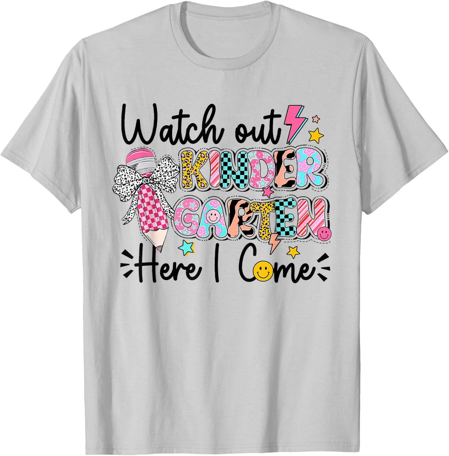Kids Watch Out Kindergarten Here I Come First Day Of School T-Shirt - T-Shirt | Ash