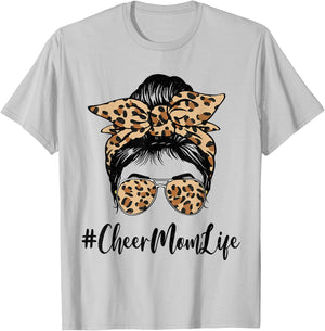Funny Cheer Mom Life Bleached Leopard Messy Bun Mother's day T-Shirt - T-Shirt | Ash