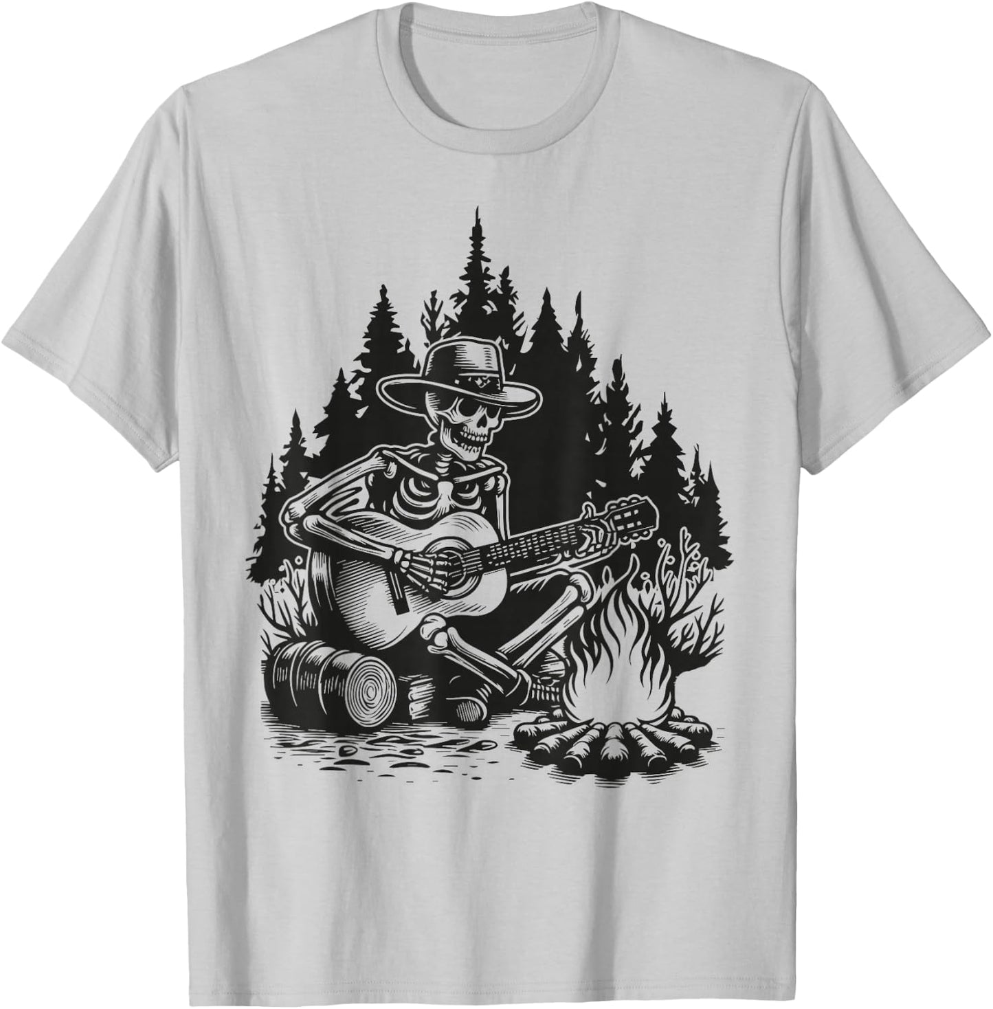 Camp Skeleton Country Music Campfire Skeleton Playing Guitar T-Shirt - T-Shirt | Ash