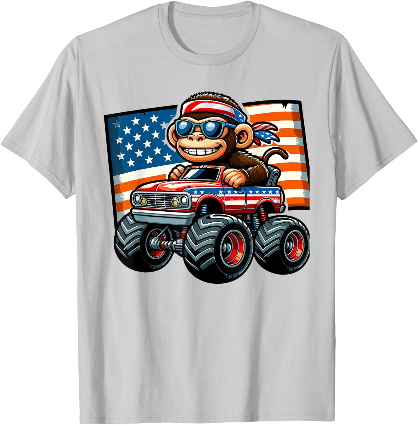 Patriotic Monkey 4th July Monster Truck American Women Kids Men T-Shirt - T-Shirt | Ash