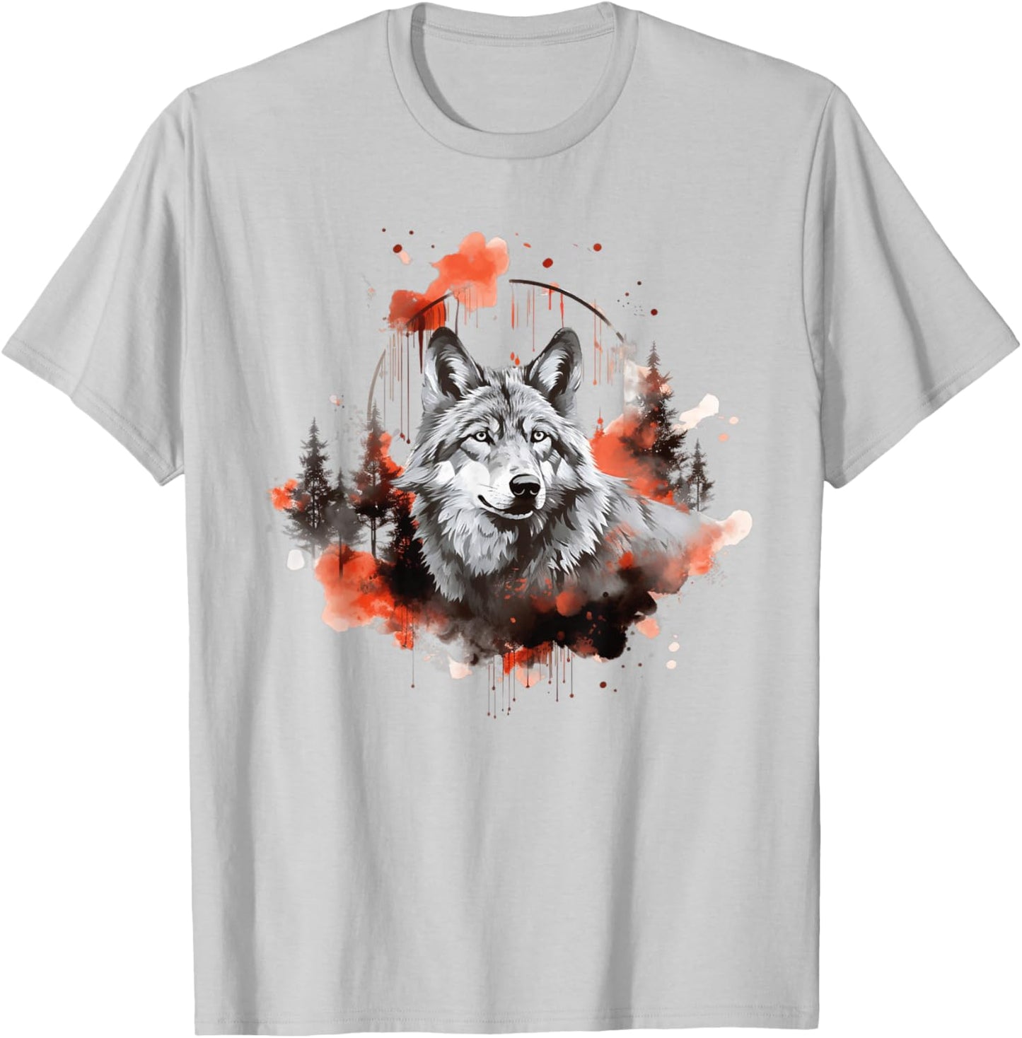 Wolf Splash Art Animal Face Forest Landscape Wolf T-Shirt - T-Shirt | Ash