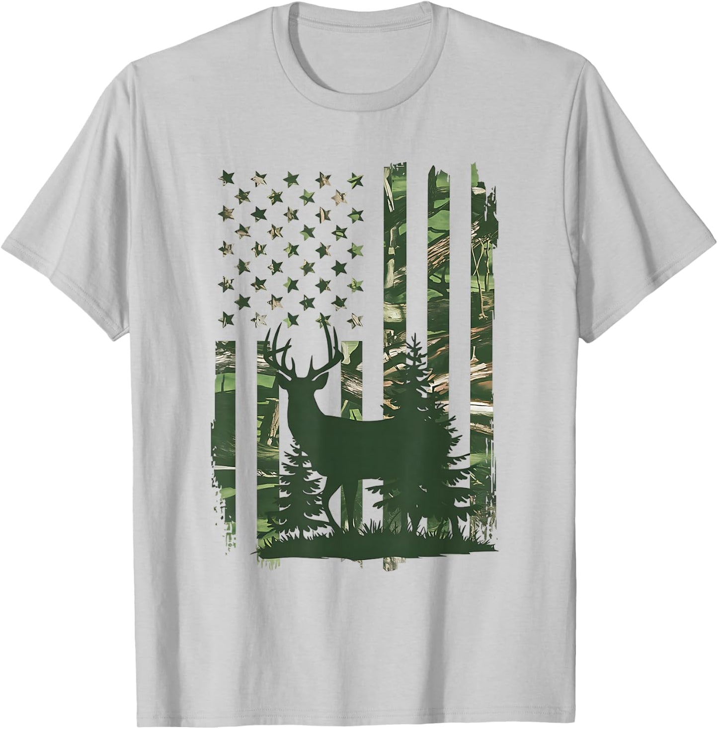 Camo Deer Hunting American Flag Whitetail Hunter USA Graphic T-Shirt - T-Shirt | Ash
