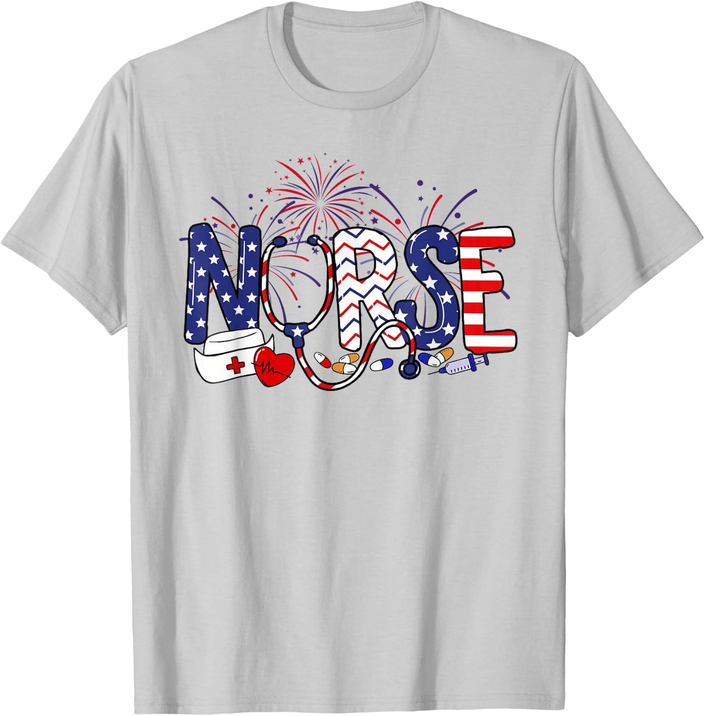 American Nurse 4th of July Nurse Stethoscope Nursing T-Shirt - T-Shirt | Ash