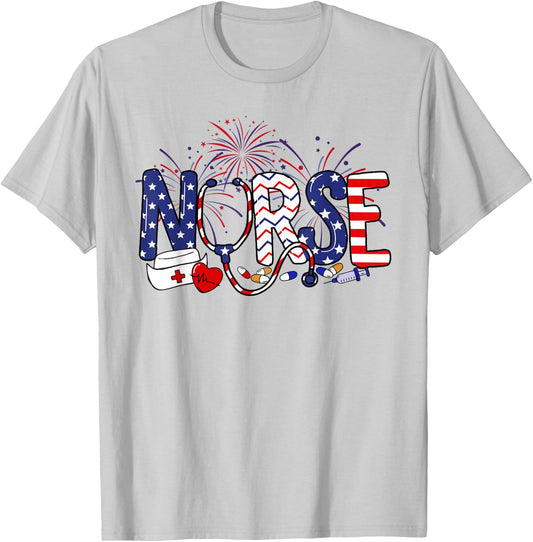 American Nurse 4th of July Nurse Stethoscope Nursing T-Shirt - T-Shirt | Ash