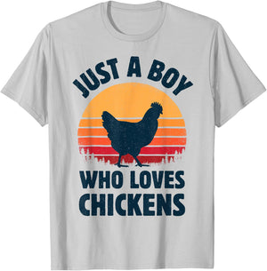 Chicken Just A Boy Who Loves Retro Farm Animal Farmer Sunset T-Shirt - T-Shirt | Ash