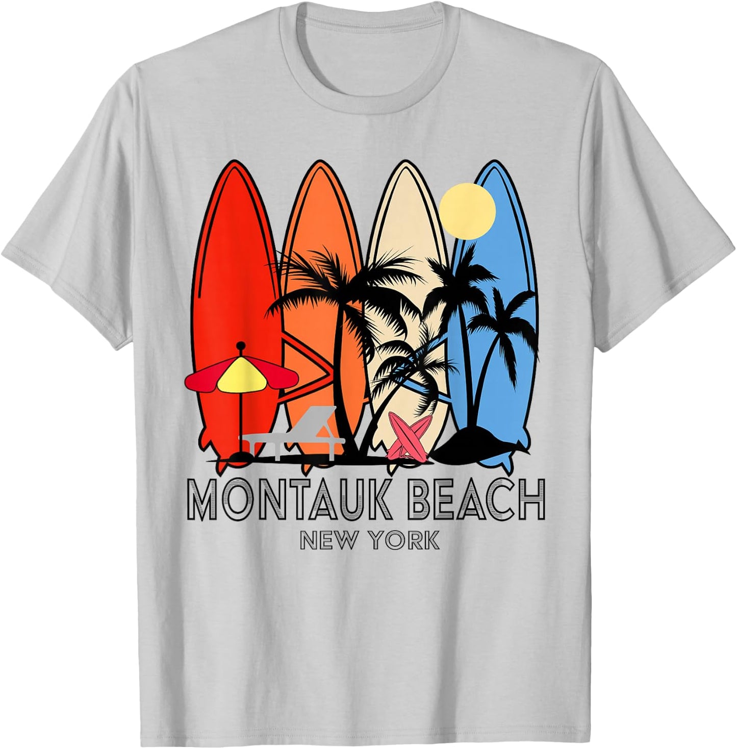 Montauk Beach New York Retro Surfboard Vintage T-Shirt - T-Shirt | Ash