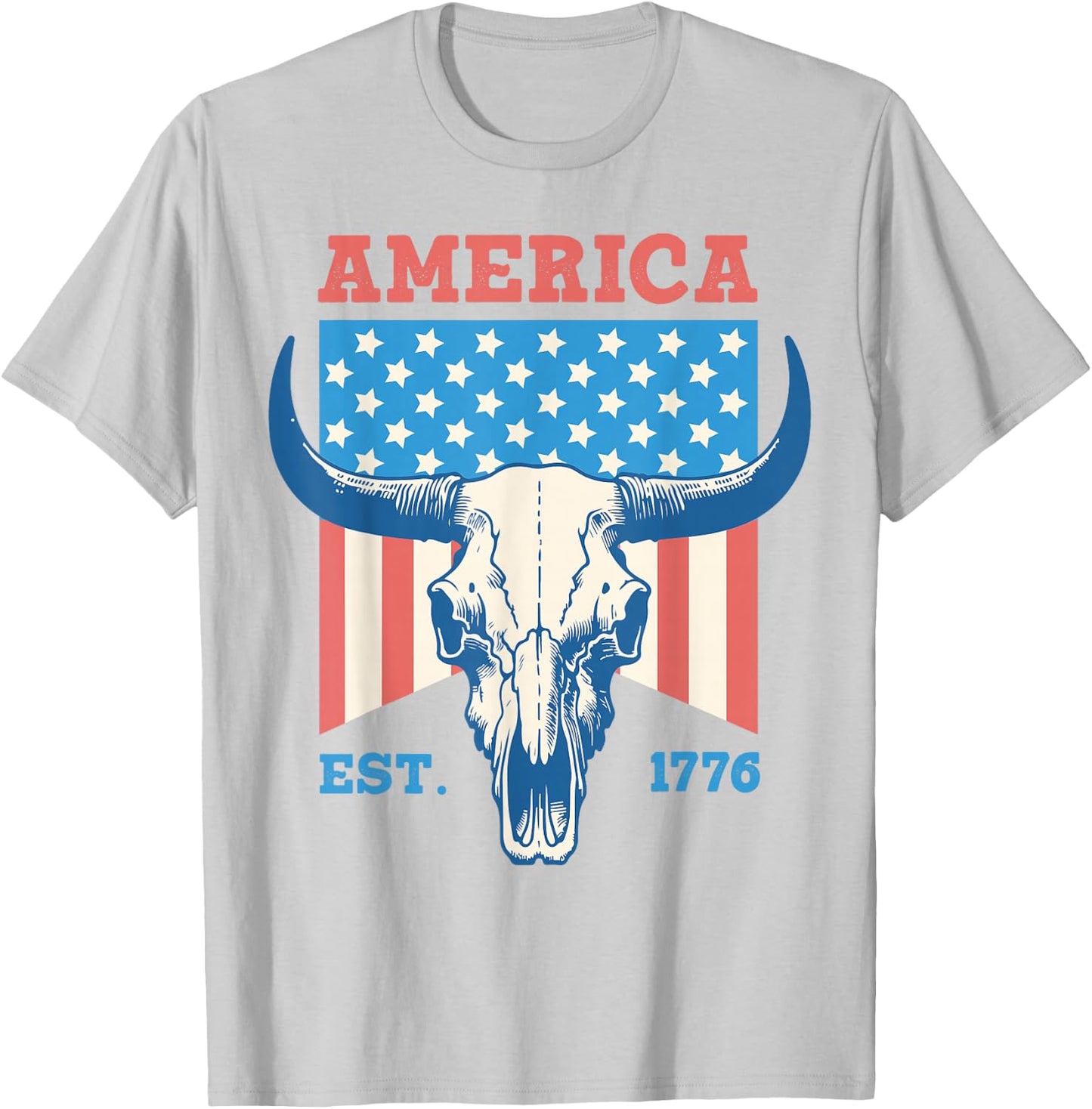 America Est 1776 Vintage Bull Skull US Flag 4th of July Women Kids Men T-Shirt - T-Shirt | Ash