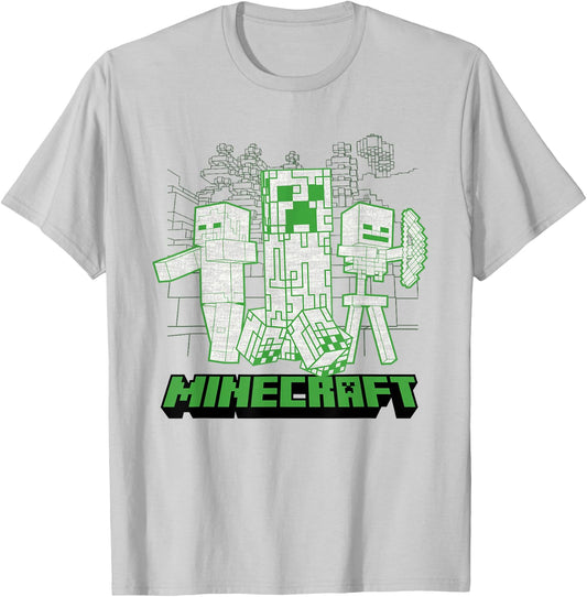 Minecraft Creeper Zombie Skeleton Line Art Mashup T-Shirt - T-Shirt | Ash