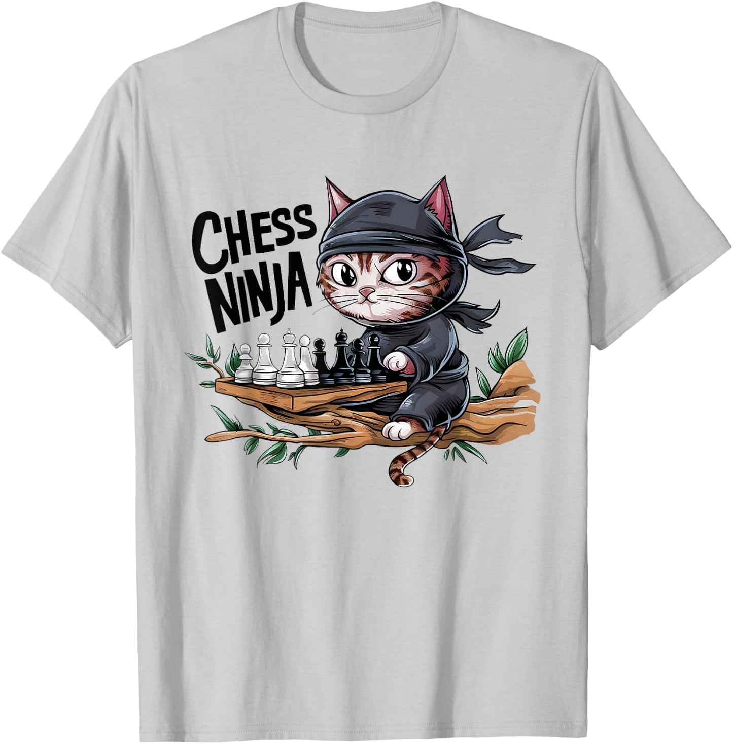 Chess Ninja Funny Cat Playing Chess Boy Girls Birthday Men T-Shirt - T-Shirt | Ash