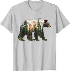 Bear Forest Mountains Trees Nature Sunset Outdoor Graphic T-Shirt - T-Shirt | Ash