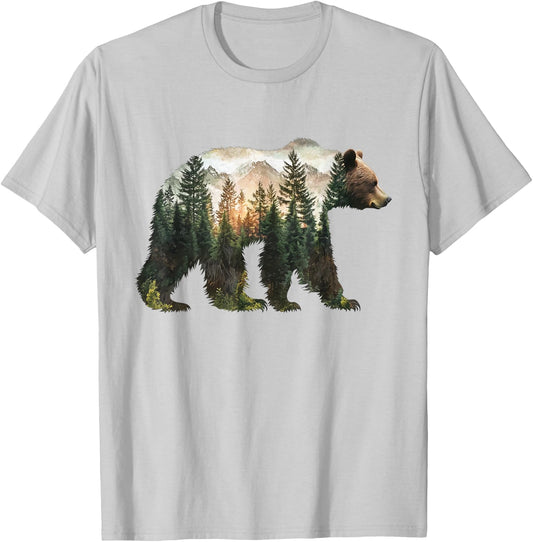Bear Forest Mountains Trees Nature Sunset Outdoor Graphic T-Shirt - T-Shirt | Ash