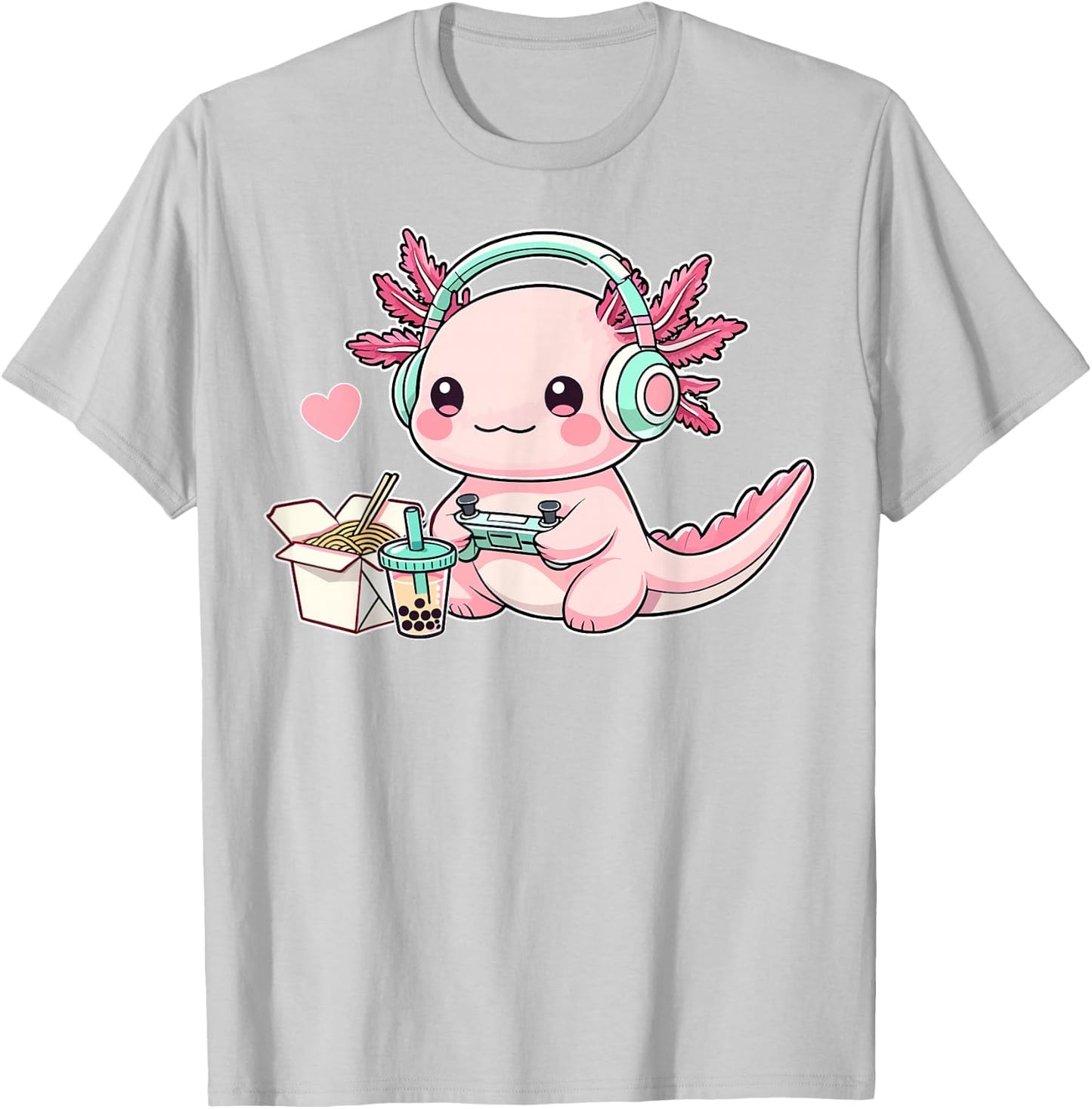 Chibi Axolotl Lover Headphone Gamer Cute Axolotl Graphic T-Shirt - T-Shirt | Ash