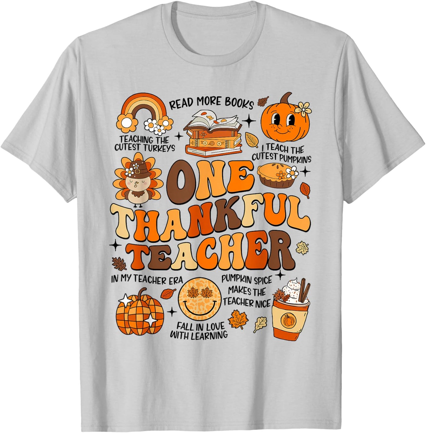 One Thankful Teacher Thanksgiving Retro Groovy Fall Teachers T-Shirt - T-Shirt | Ash