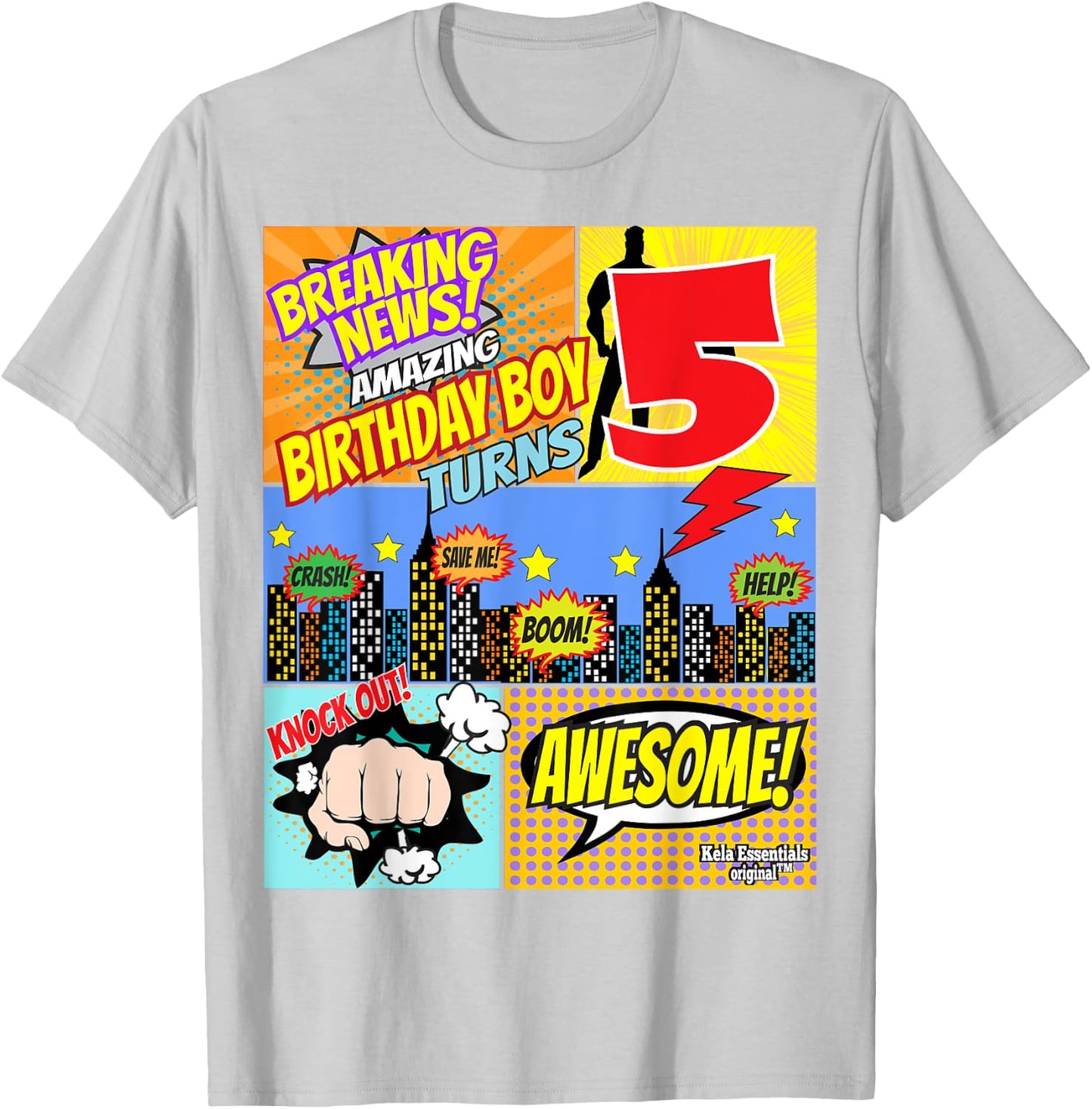 Birthday Boys Shirt Age 5 Superhero Comic Book Theme Party T-Shirt - T-Shirt | Ash