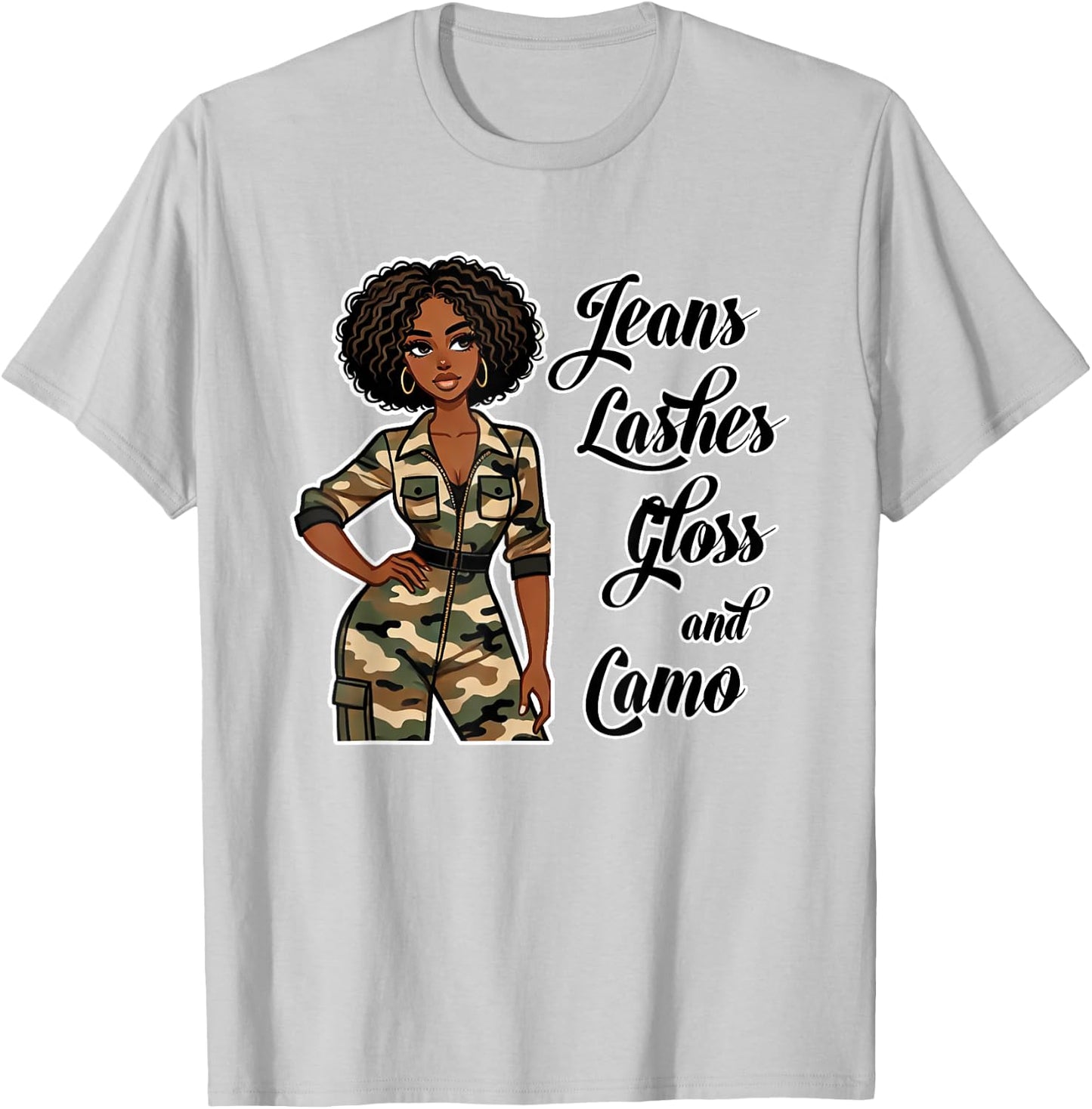 Jeans Lashes Gloss and Camo Black Woman Afro T-Shirt - T-Shirt | Ash