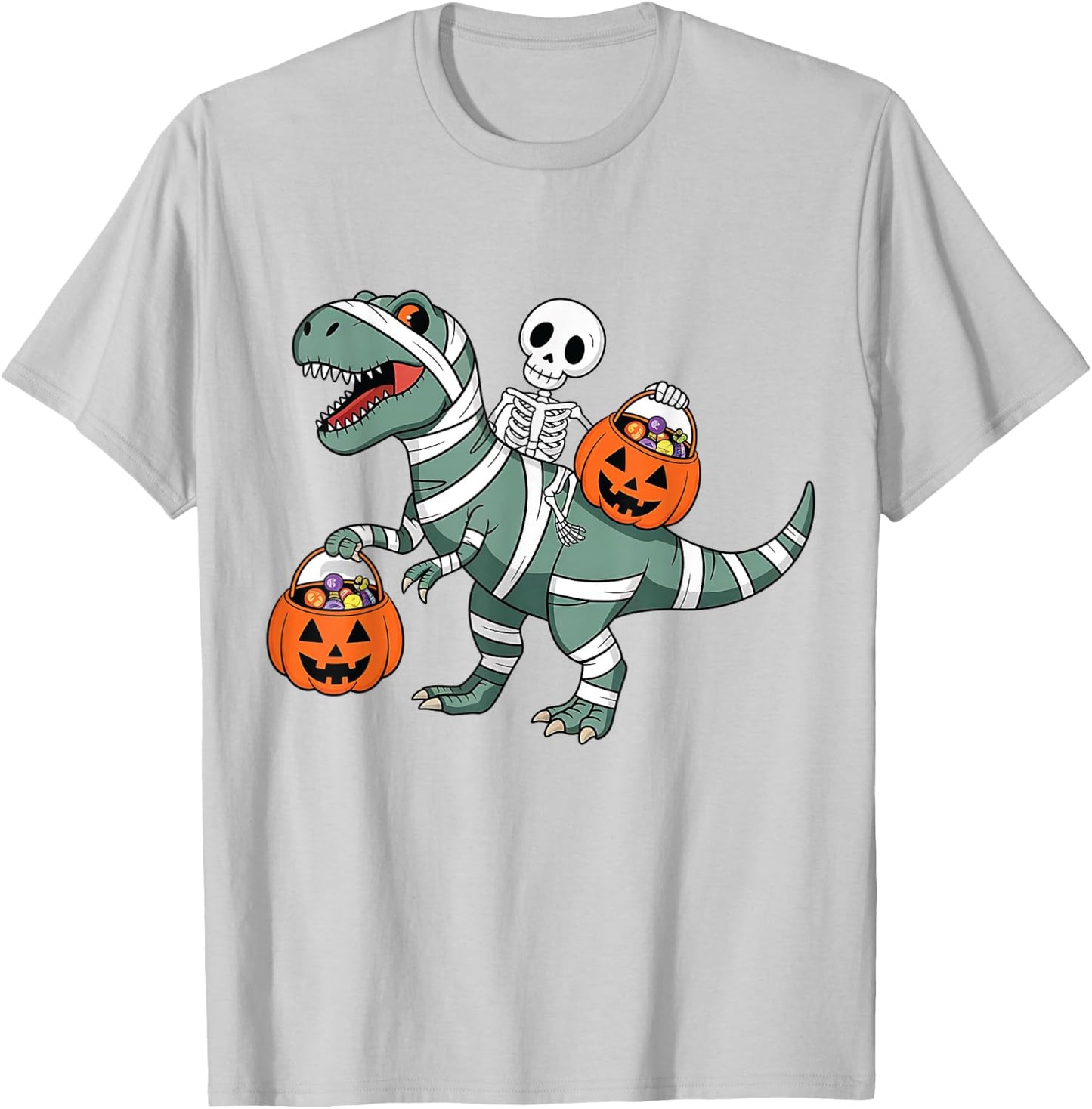 Skeleton Riding Mummy Dinosaur T rex Halloween Funny Pumpkin T-Shirt - T-Shirt | Ash
