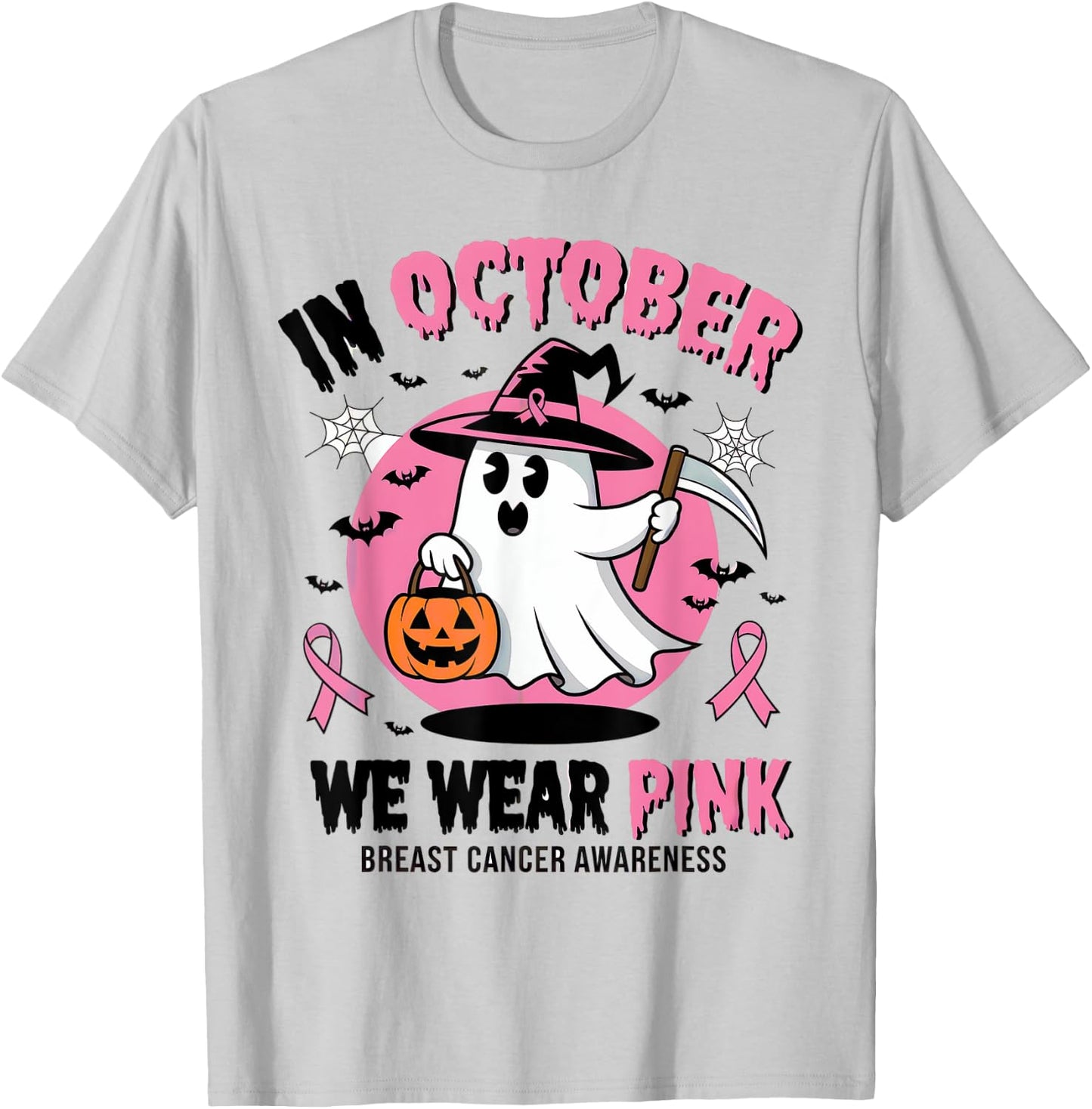 In October We Wear Pink Ghost Witch Breast Cancer Awareness T-Shirt - T-Shirt | Ash