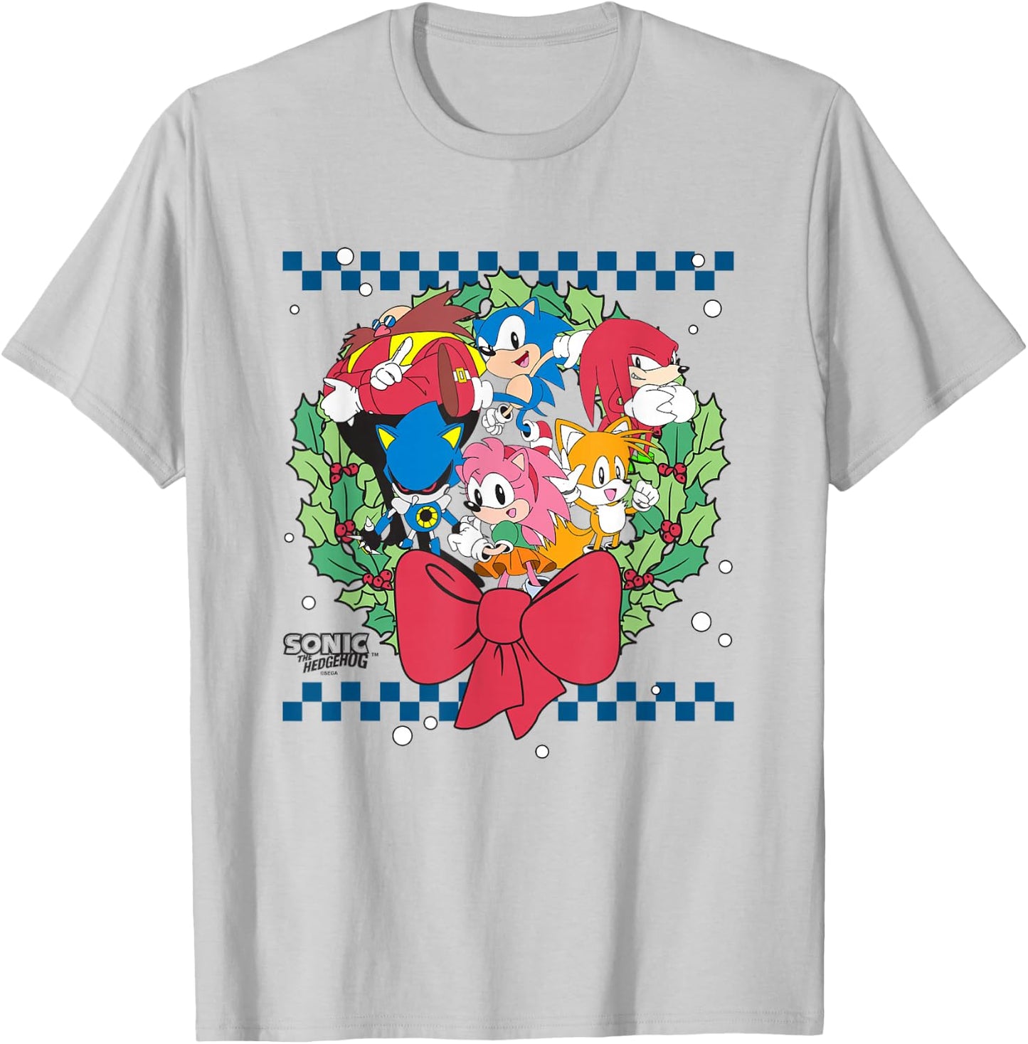 Sonic The Hedgehog Christmas Wreath Group Shot Chest Logo T-Shirt - T-Shirt | Ash