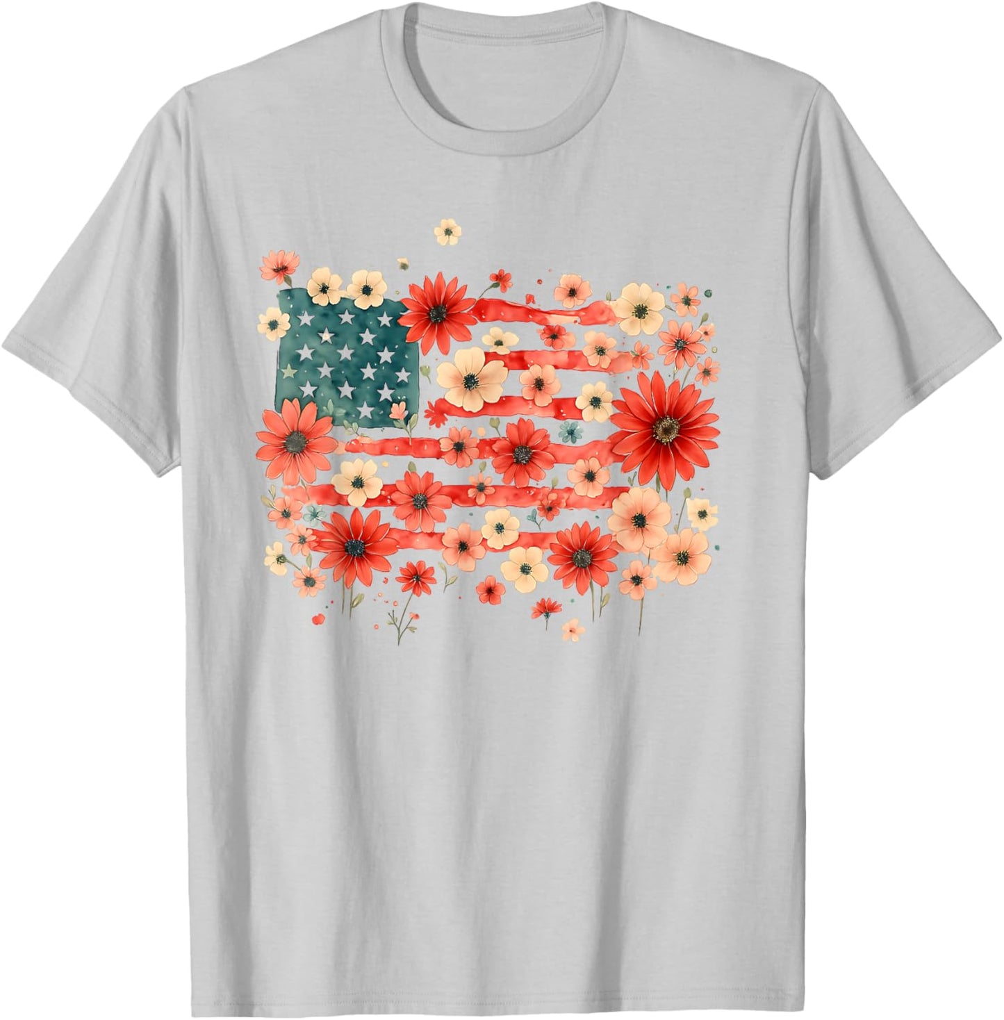 Floral American Flag Daisy 4th July Girls Women Patriotic T-Shirt - T-Shirt | Ash