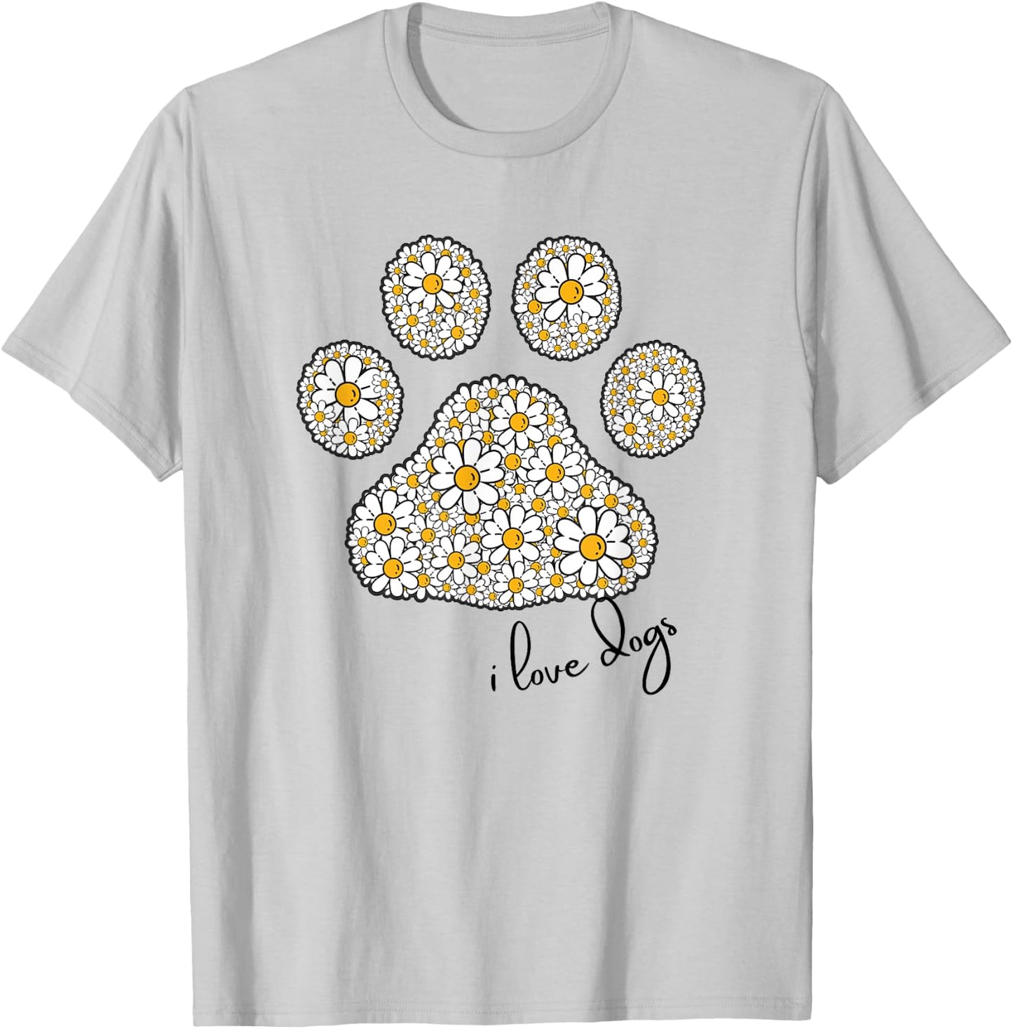 I Love Dogs for Girls Love Dog Paw Print Graphic Daisies T-Shirt - T-Shirt | Ash