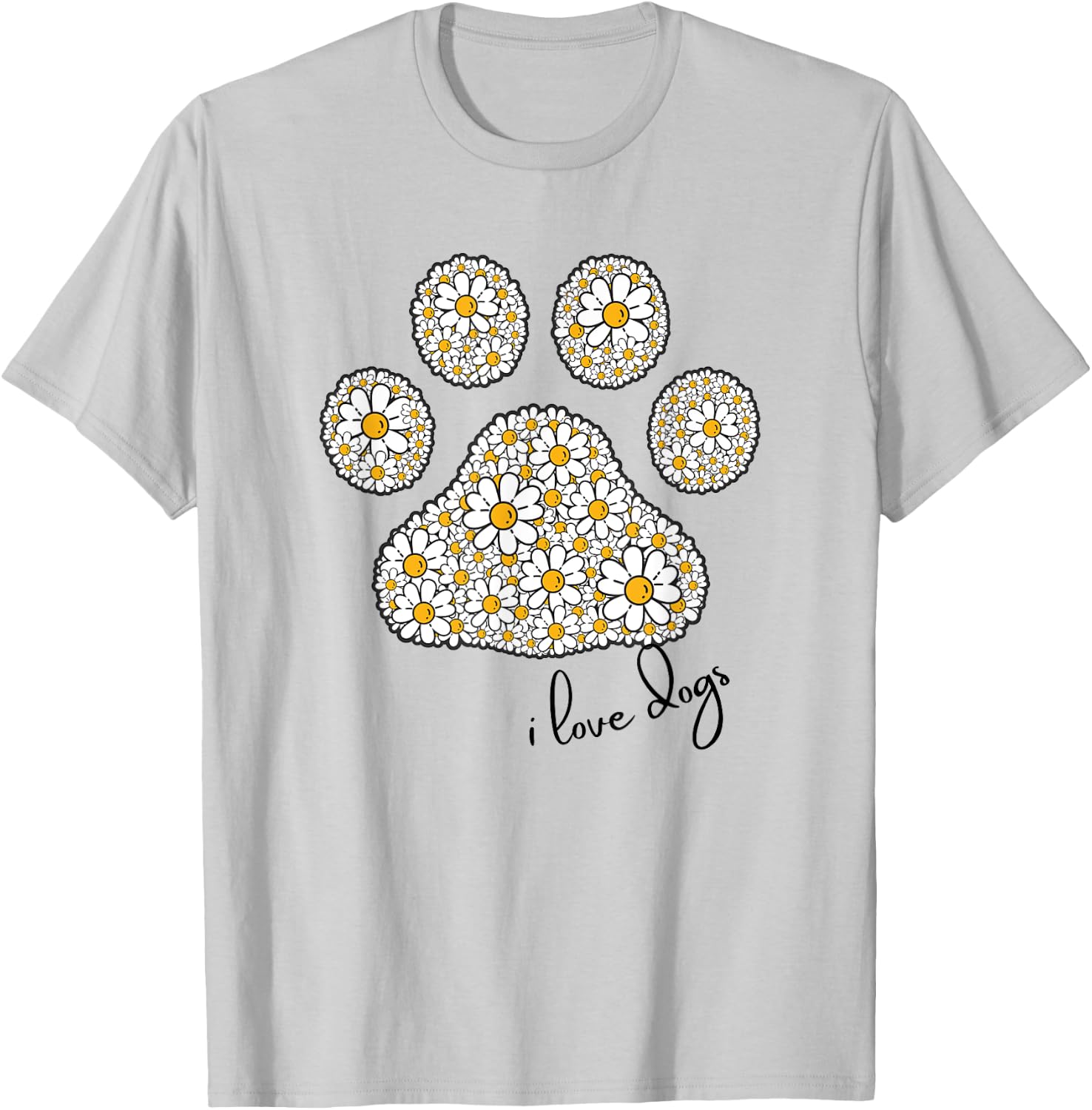 I Love Dogs for Girls Love Dog Paw Print Graphic Daisies T-Shirt - T-Shirt | Ash